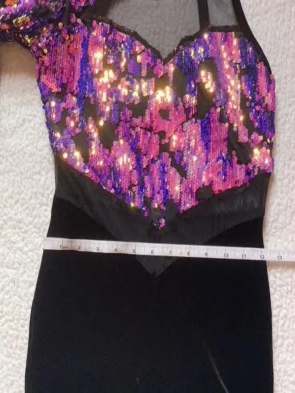 Black one-piece dance costume with holographic sequence